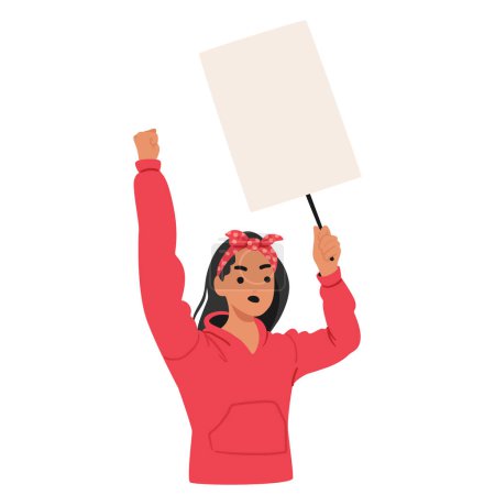 Aggressive Woman Character Raising Her Fist And Holding A Blank Placard, Possibly At A Protest Or Rally. She Wears A Red Hoodie And A Headband Adorned With A Bow. Cartoon People Vector Illustration
