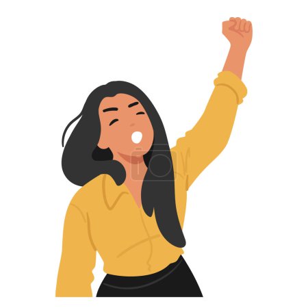 Woman With Long Black Hair Raising Her Fist In A Powerful, Motivational Stance. Aggressive Female Character Wearing A Yellow Top And Expressing Determination. Cartoon People Vector Illustration