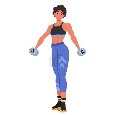 Female Bodybuilder In Athletic Wear Confidently Holding Dumbbells. Her Strong Physique And Confident Expression Highlight Themes Of Health, Fitness, And Empowerment In Sport. Vector Illustration