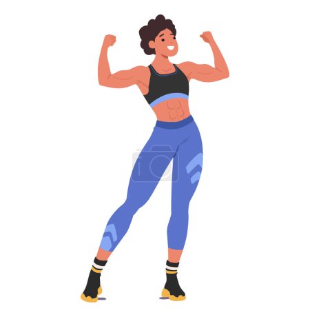 Illustration for Enthusiastic Female Bodybuilder Flexing Her Muscles Confidently. She Stands In A Dynamic Pose, Wearing Modern, Colorful Sportswear That Exemplifies Strength, Fitness, Health, And Wellbeing, Vector - Royalty Free Image