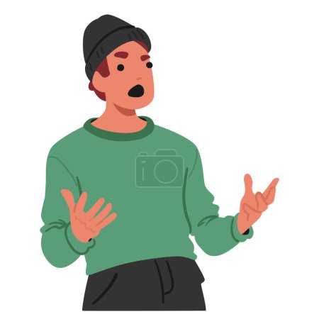 Man In Green Sweater, Black Beanie, And Pants, Gesticulating Emphatically With His Hands. Male Character Suggesting An Animated Or Impassioned Manner Of Expression. Cartoon People Vector Illustration