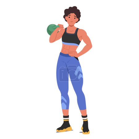 Strong Athletic Female Character Exercise With Weight, Showcasing Health, Strength, And Determination. Woman Boasts A Muscular Physique Sculpted Through Rigorous Training, Cartoon Vector Illustration