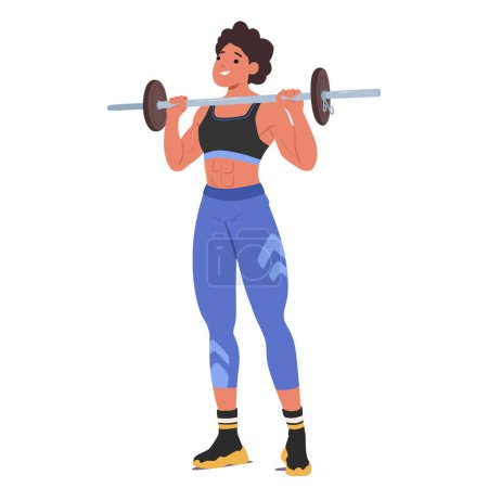 Strong Female Character Athlete With A Well-defined Physique Lifting A Barbell, Emphasizing Strength And Fitness. Fit Athletic Woman In Black Sports Bra And Blue Leggings. Cartoon Vector Illustration