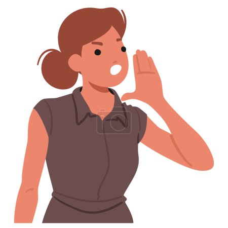 Female Character Woman With Brown Hair In A Ponytail, Shouting Or Calling Out, With Her Hand Cupped Around Her Mouth, Conveying A Sense Of Explanation Or Emphasis. Cartoon People Vector Illustration