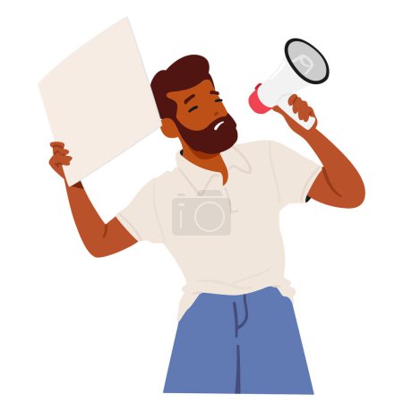 Illustration for Determined Bearded Man Raises Blank Protest Sign And Speaks Into A Megaphone. Aggressive Character Embodying The Spirit Of Activism And The Right To Voice Opinions. Cartoon People Vector Illustration - Royalty Free Image