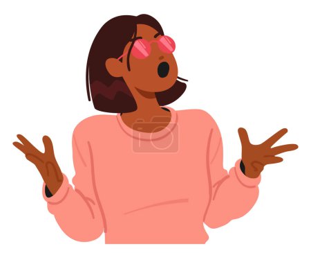 Mujer con una expresión angustiada en la cara gestos con las manos extendidas. Personaje femenino que lleva una camisa rosa que transmite un sentido de frustración o exasperación. Dibujos animados Gente Vector Ilustración