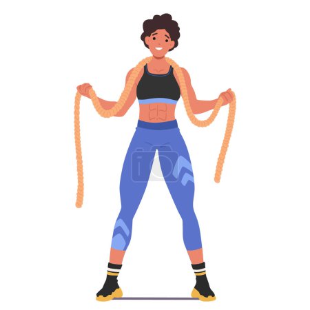 Empowered Female Bodybuilder Character Smiles Confidently While Holding Heavy Battle Ropes During Her Fitness Routine. Her Engaging Stance And Fit Physique Showcase Strength, Motivation And Health
