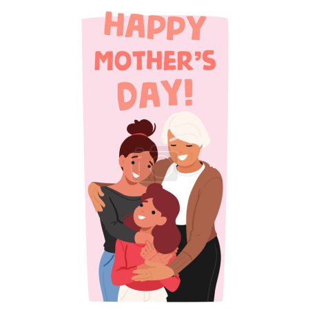 Illustration for Warm Family Portrait Shows A Grandmother And Mother Characters Affectionately Hugging Their Child, Depicting The Special Bonds Celebrated Across Generations On Mother Day. Cartoon Vector Illustration - Royalty Free Image