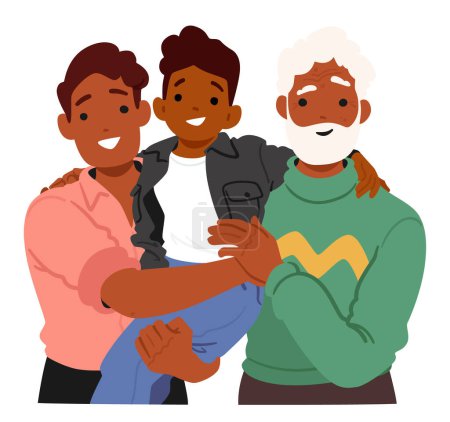 Illustration for Three Generations Of Men, A Father, Son, And Grandfather Characters Stand Together With Loving Smiles, Their Embracing Poses Symbolizing The Strong Family Connections Honored On Fathers Day, Vector - Royalty Free Image