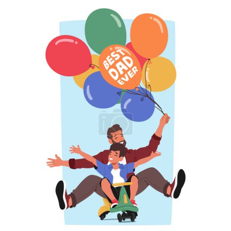 Ilustración de Padre e hijo comparten tierno y juguetón momento montando una vespa con globos coloridos, uno proclamando el mejor papá de todos los tiempos, encarnando los recuerdos divertidos y queridos del Día del Padre. Ilustración de vectores de dibujos animados - Imagen libre de derechos