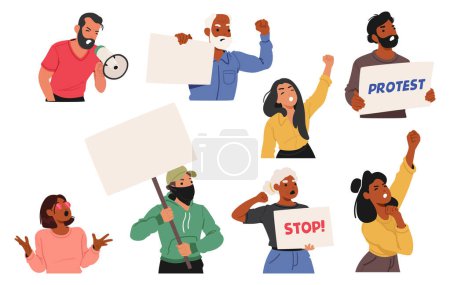 Ilustración de Personas de varios tonos de piel sostienen letreros que dicen protesta y alto, transmitiendo un mensaje unificado. Los personajes gritan y levantan los puños en solidaridad. Ilustración de vectores de dibujos animados representa el poder del rally - Imagen libre de derechos