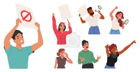 Illustration for Diverse Group Of People Express Themselves Through Protest Signs And Body Language. Some Shout, Others Raise Their Fists. Cartoon Vector Illustrations Capture The Energy And Unity Of Collective Action - Royalty Free Image