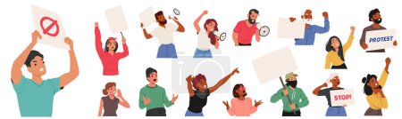 Diverse Group Of Aggressive Characters Energetically Participating In A Protest, Holding Signs And Megaphones, Embodying Civic Engagement And Freedom Of Expression. Cartoon People Vector Illustration