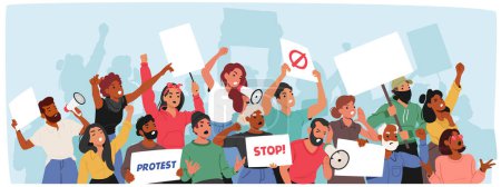 Illustration for Diverse Characters Group Engaging In A Demonstration. Men And Women Energetically Protest, Holding Signs With Slogans And Shouting, Embodying A Scene Of Activism And Community Engagement, Vector Scene - Royalty Free Image