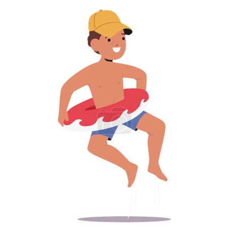 Téléchargez les illustrations : Joyeux jeune garçon profite de l'été en sautant joyeusement sur une plage de sable fin. Portant une casquette et tenant un anneau gonflable rouge et blanc, le gamin montre l'essence du plaisir et des vacances à la plage de l'enfance - en licence libre de droit