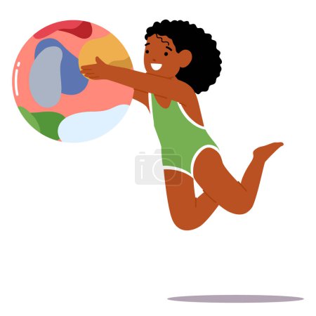 Illustration for Exuberant Young Girl, Sporting A Green Swimsuit, Is Captured Mid-leap, Playfully Reaching Out To A Vividly Colored Inflatable Beach Ball, Radiates Energy, Joy And Carefree Essence Of Summer Vacations - Royalty Free Image