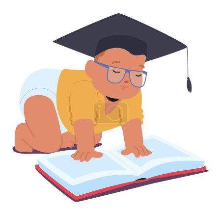 Ilustración de Adorable, Scholarly Baby, con una gorra de graduación y gafas, se arrastra hacia un libro abierto, simbolizando la curiosidad y el comienzo de un viaje educativo de por vida. Pequeño Aprendiendo, Vector - Imagen libre de derechos