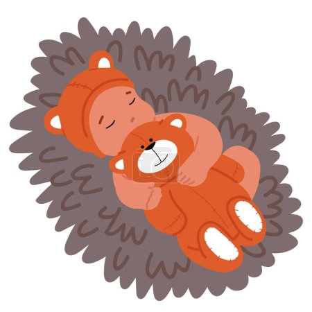 Ilustración de Contenido encantador Personaje del bebé en un traje de oso, abrazando un oso de peluche mientras duerme en una alfombra esponjosa, retratando el confort, el afecto y un tema acogedor de la siesta. Dibujos animados Gente Vector Ilustración - Imagen libre de derechos