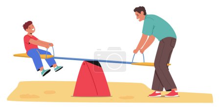 Illustration for Father And His Young Son Family Characters Having Fun On Seesaw In A Playground. Joyful Play, Encapsulating A Perfect Moment Of Childhood Delight And Parental Care. Cartoon People Vector Illustration - Royalty Free Image