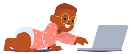 Playful, Inquisitive Baby, Clad In A Polka-dot Onesie And Sporting Oversized Glasses, Reaches Toward A Laptop With Excitement, Showcasing Early Interaction With Technology And Learning, Vector