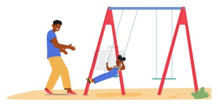 Illustration for African-american Father Character Gently Pushes His Young Daughter On A Swing At A Colorful Playground, Portraying The Joy And Bonding In Parent-child Activities Outdoors. Cartoon Vector Illustration - Royalty Free Image