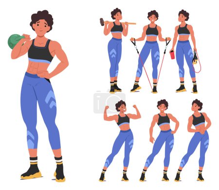 Set of Female Fitness Instructor Character In Various Exercise Poses, Demonstrating Strength, Wellness Training And Stretching Routines In A Sporty Outfit. Cartoon People Vector Illustration