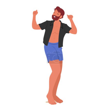 Illustration for Cheerful Man With A Beard Dances Joyfully At A Beach Party. Character Wearing Casual Summer Clothing, His Happiness And Carefree Attitude Shine Through Vividly. Cartoon People Vector Illustration - Royalty Free Image
