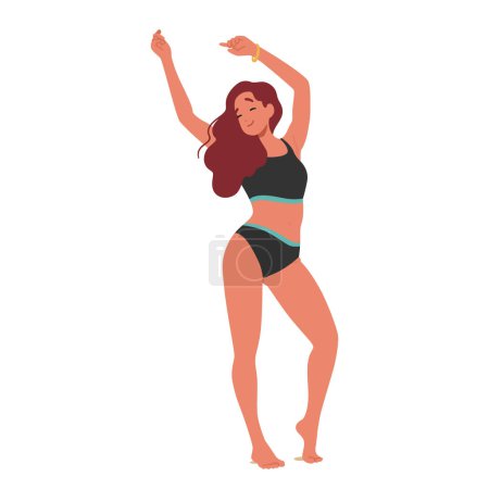 Joyful Young Woman Dances At A Beach Party, Her Hair Flowing And A Smile On Her Face. Female Character Captures The Essence Of Summer, Freedom, And Youthful Energy. Cartoon People Vector Illustration