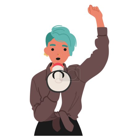 Illustration for Vibrant Young Woman With Turquoise Hair Actively Using A Megaphone To Communicate Or Protest. Her Expressive Gesture And Intense Look Convey Strong Emotions And Assertiveness. Vector Illustration - Royalty Free Image