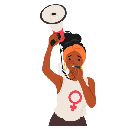 African American Woman Using A Megaphone, Symbolizing Activism, Empowerment, And Leadership. Character Wears Top With A Female Symbol, Emphasizing Gender Equality And Women Rights. Vector Illustration