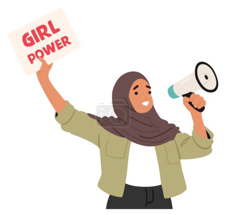 Ilustración de Mujer joven entusiasta en un hiyab eleva el poder de una chica de lectura de tablón mientras habla a través de un megáfono, simboliza el empoderamiento, el activismo y la defensa vocal de los derechos y la igualdad de las mujeres, Vector - Imagen libre de derechos
