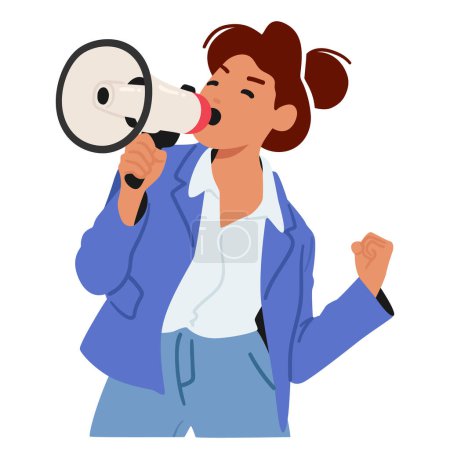 Illustration for Young Woman With A Megaphone Making An Announcement. Character Sports A Relaxed Business Casual Attire And A Dynamic Pose, Emphasizing Empowerment And Communication. Cartoon People Vector Illustration - Royalty Free Image