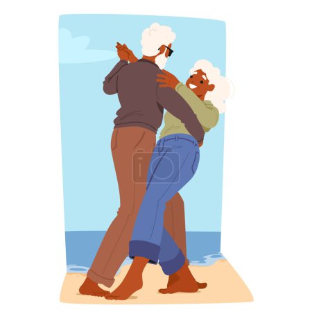 Ilustración de Pareja de ancianos disfruta de un baile despreocupado en Sandy Beach personificando la alegría y la unidad en un contexto de un mar calmante bajo un cielo azul suave, abrazando sus últimos años con vitalidad y afecto - Imagen libre de derechos