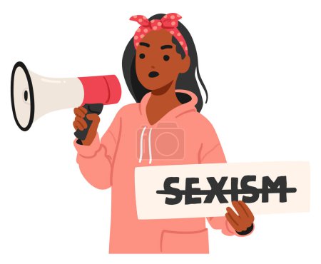 Illustration for Young Woman In A Pink Hoodie Passionately Addresses Issues Of Sexism, Holding A Sign While Speaking Into A Megaphone. Vector Illustration Encapsulates Empowerment, Activism, Fight For Gender Equality - Royalty Free Image