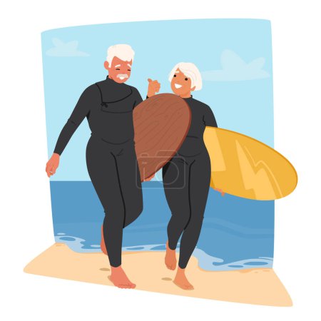Illustration for Older Couple In Wetsuits Enjoys The Beach, Smiling While Holding Surfboards. Active Senior Characters Enjoying Water Sports And Companionship On A Sunny Day. Cartoon People Vector Illustration - Royalty Free Image