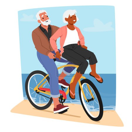 Elderly Couple Shares Laughter While Resting On A Bicycle At The Summer Beach. Old Male and Female Characters Showcasing Joy, Companionship, And Active Lifestyle. Cartoon People Vector Illustration