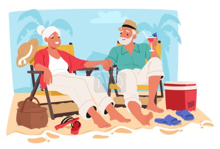 Téléchargez les illustrations : Couple plus âgé profite d'une journée relaxante sur une plage de sable, assis dans des chaises de plage avec des boissons tropicales à la main, personnages mettant en valeur le rire et les loisirs dans leurs années d'or. Illustration vectorielle de bande dessinée - en licence libre de droit