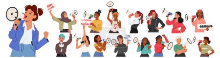 Illustration for Diverse Women Holding A Megaphones And Advocating For Gender Equality. Characters Hold Signs With Feminist Messages, Showing Unity And Strength In Their Fight For Equal Rights. Vector Illustration - Royalty Free Image