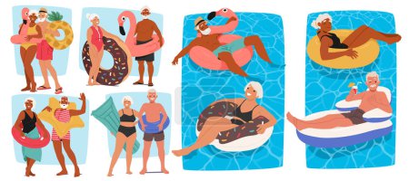 Illustration for Elderly Friends Have Fun In A Swimming Pool Flaunting Inflatable Tubes, Rings and Floats, Old Carefree People Smile, Joy And Relax Under The Sunny Leisure Day with Poolside Activities , Vector Set - Royalty Free Image