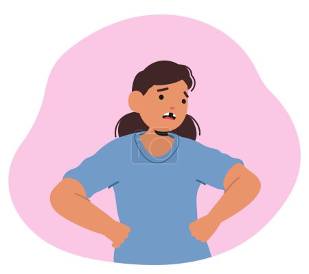 Ilustración de Young Girl Character Looks Surprised or Upset As She Displays Her First Missing Milk Tooth, Posing On Pink Background. Cartoon Vector Charming Illustration Captures A Quintessential Childhood Moment - Imagen libre de derechos