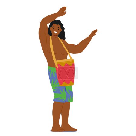 Illustration for Hawaiian Male Dancer Character Joyfully Performs Traditional Hula Dance, Holding A Vibrant Red Drum. His Movement Captures The Essence Of Hawaiian Culture And Festivities. Cartoon Vector Illustration - Royalty Free Image