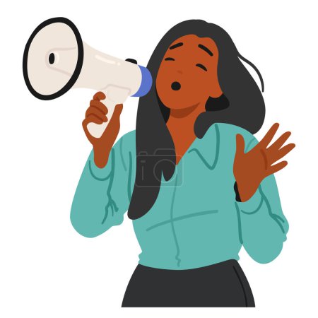 African American Woman Using A Megaphone To Assertively Communicate. El carácter femenino encarna el liderazgo, el empoderamiento y la expresión vocal, mostrando fuerza e influencia. Ilustración vectorial