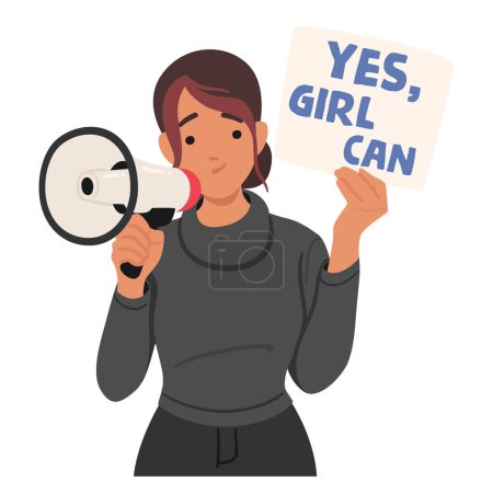 Illustration for Determined Woman Character Holding A Megaphone And A Sign That Reads Yes, Girl Can. An Empowering Message Of Gender Equality And Self-confidence. Cartoon People Vector Illustration - Royalty Free Image