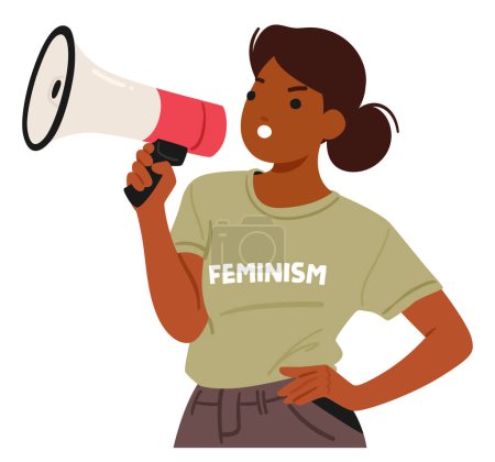 Illustration for Empowered Woman Using A Megaphone To Advocate For Feminism And Equality. Black female Character Wearing A Feminism T-shirt, She Embodies Strength And Determination. Cartoon People Vector Illustration - Royalty Free Image