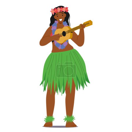 Ilustración de Cheerful Hawaiian Dancer Character In A Vibrant Green Grass Skirt, Adorned With Colorful Floral Leis, Plays Ukulele. Cartoon Vector Illustration Capture The Joyful Spirit Of Hawaiian Culture And Dance - Imagen libre de derechos
