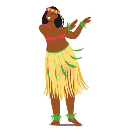 Illustration for Hawaiian Dancer In Traditional Hula Attire, Performing A Native Dance With Enthusiasm. Featuring A Floral Headdress And Grass Skirt, Exudes Cultural Heritage And Joy. Cartoon Vector Illustration - Royalty Free Image
