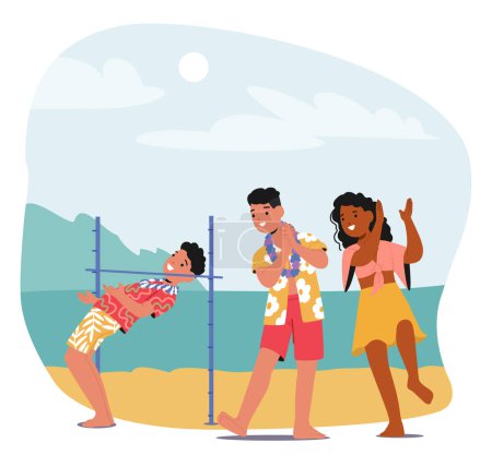 Joyful Scene On Beach With Friends Characters Playing Limbo with Playful And Happy Expressions As They Enjoy The Game Under Blue Sky, Each Dressed In Summer Attire. Cartoon People Vector Illustration