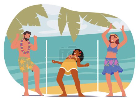 Diverse Friends Characters Participating In A Limbo Dance At A Sunny Beach Party. Cartoon Vector Illustration Captures Summer Fun And Energy, Showcasing Joy And Entertainment With A Tropical Backdrop