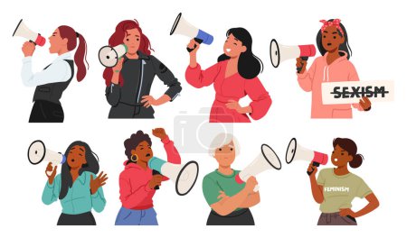 Illustration for Diverse Women Using Megaphones And Holding Protest Signs. Young And Old Female Characters Advocate For Gender Equality, Expressing Youth Activism And Empowerment. Cartoon People Vector Illustration - Royalty Free Image