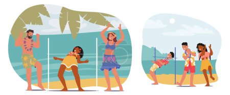 Friends At A Beach Limbo Dance Party. Multicultural Men And Women Laugh And Dance Under A Limbo Stick, Surrounded By Sandy Shores And Ocean Backdrop During Summer. Cartoon People Vector Illustration